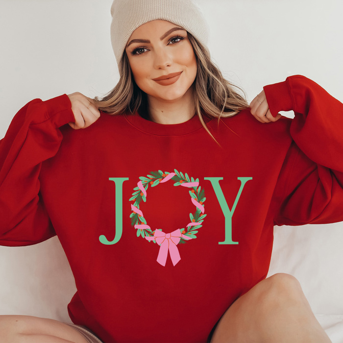 Joy Christmas Wreath Fleece Sweatshirt, Holiday Pullover