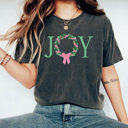 Large Pepper Joy Christmas Wreath Comfort Colors Tee, Holiday Shirt