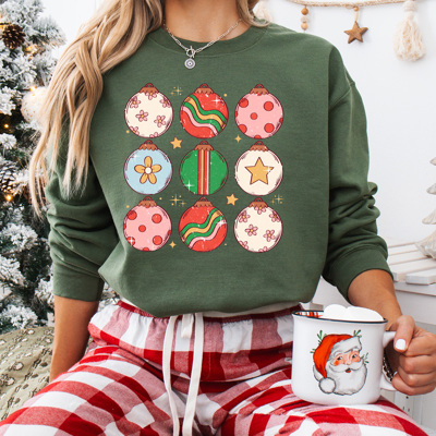 Vintage Christmas Ornaments Fleece Sweatshirt, Christmas Decor Pullover 
