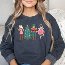 Medium Denim Cute Nutcracker Christmas Fleece Sweatshirt, Faux Glitter Pullover