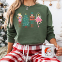 Medium Military Green Cute Nutcracker Christmas Fleece Sweatshirt, Faux Glitter Pullover