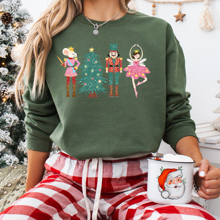 Cute Nutcracker Christmas Fleece Sweatshirt, Faux Glitter Pullover
