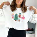 XL White Cute Nutcracker Christmas Fleece Sweatshirt, Faux Glitter Pullover