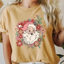 Large Mustard Floral Retro Santa Comfort Colors Tee, Christmas Shirt