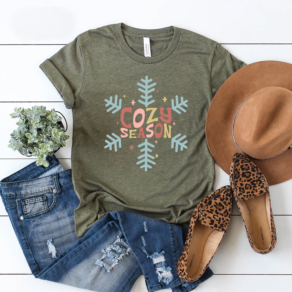 Cozy Season Graphic Tee, Winter Snowflake Shirt 