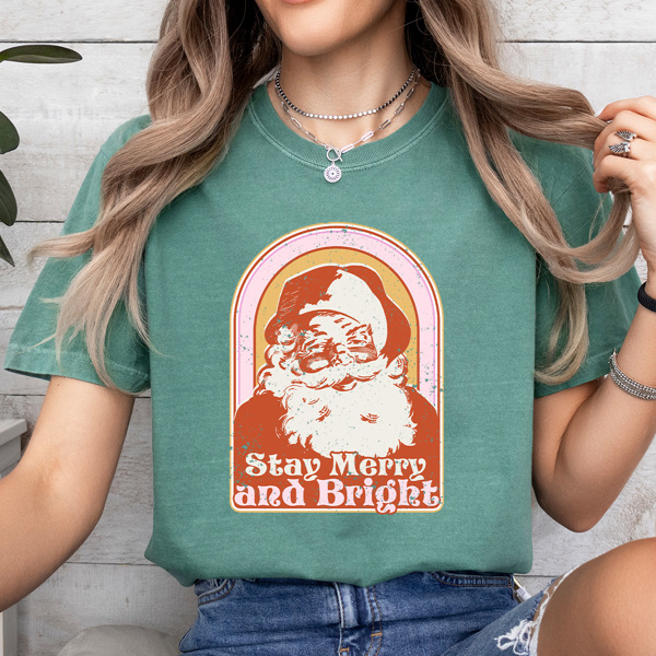 Stay Merry And Bright Comfort Colors Tee, Vintage Santa Christmas Tee