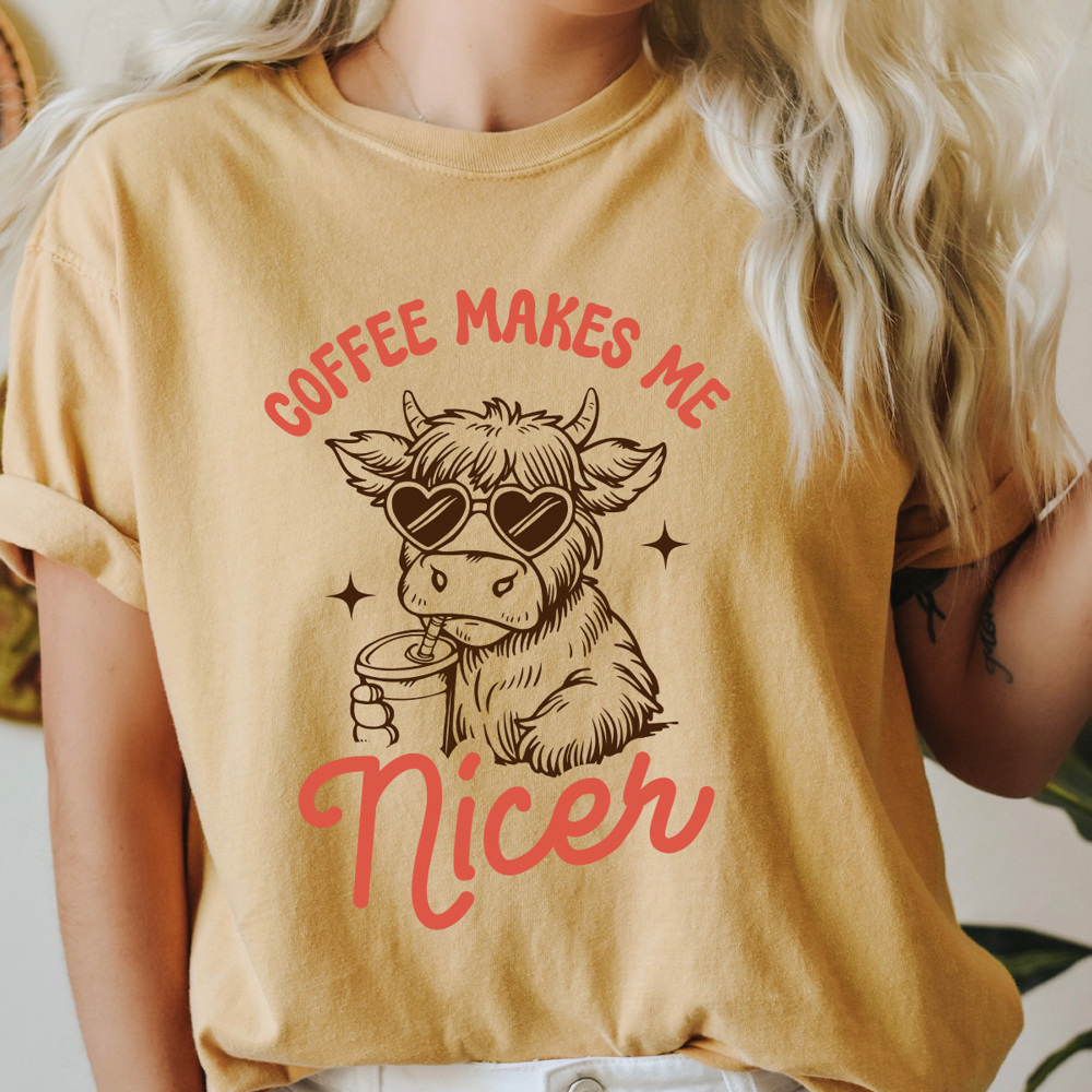 Coffee Makes Me Nicer Cute Cow Comfort Colors Tee, Caffeine Cow Shirt 