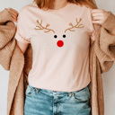 Large Peach Reindeer Face Graphic Tee, Rudolph Christmas Shirt