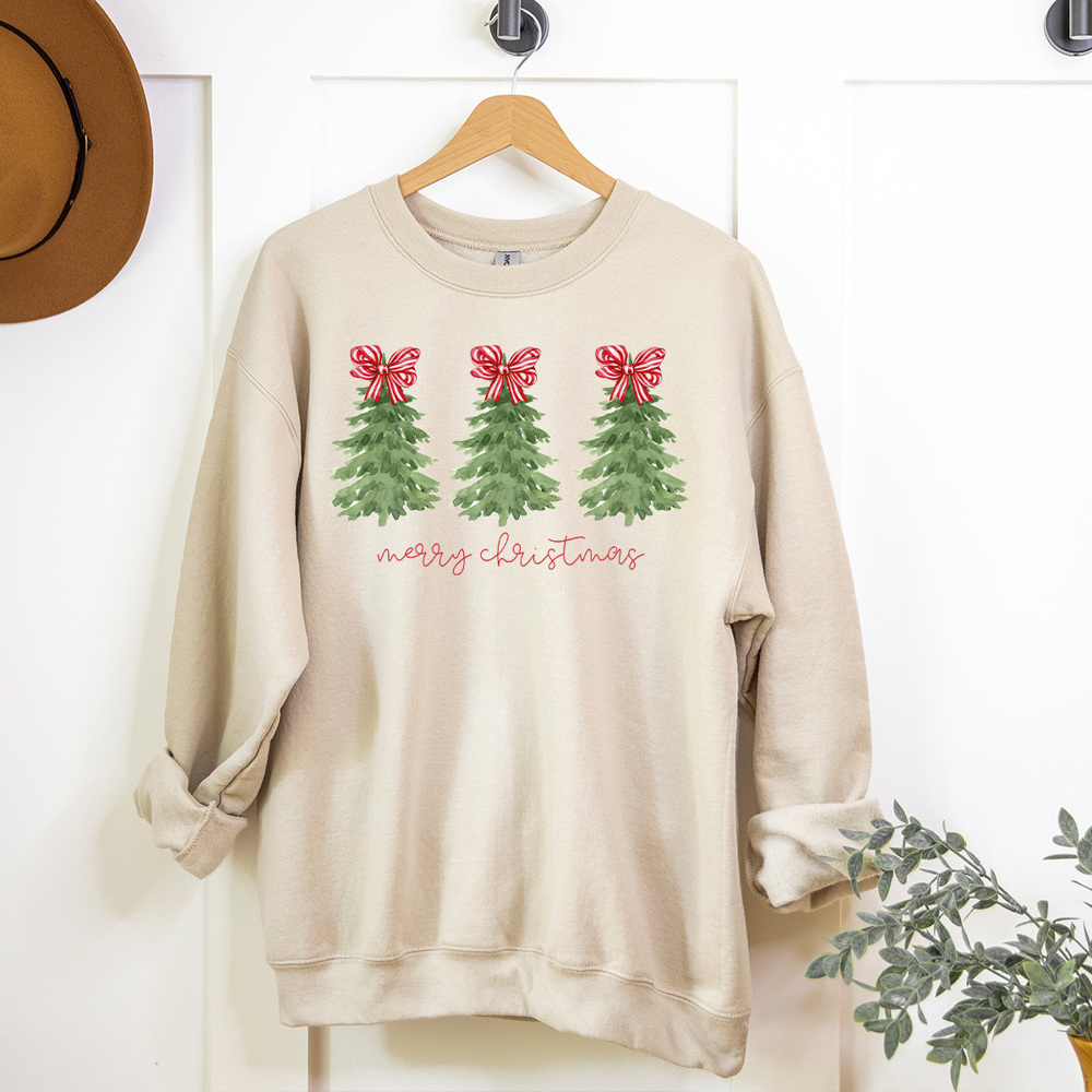 Peppermint Bow Trees Fleece Sweatshirt, Merry Christmas Pullover