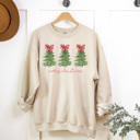  Peppermint Bow Trees Fleece Sweatshirt, Merry Christmas Pullover