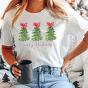 Large Ash Gray Peppermint Bow Trees Graphic Tee, Merry Christmas Shirt