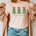 Large Peach Peppermint Bow Trees Graphic Tee, Merry Christmas Shirt