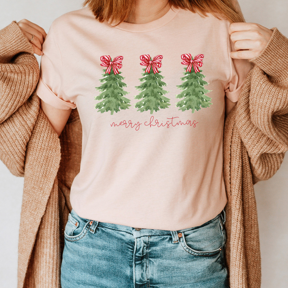 Peppermint Bow Trees Graphic Tee, Merry Christmas Shirt