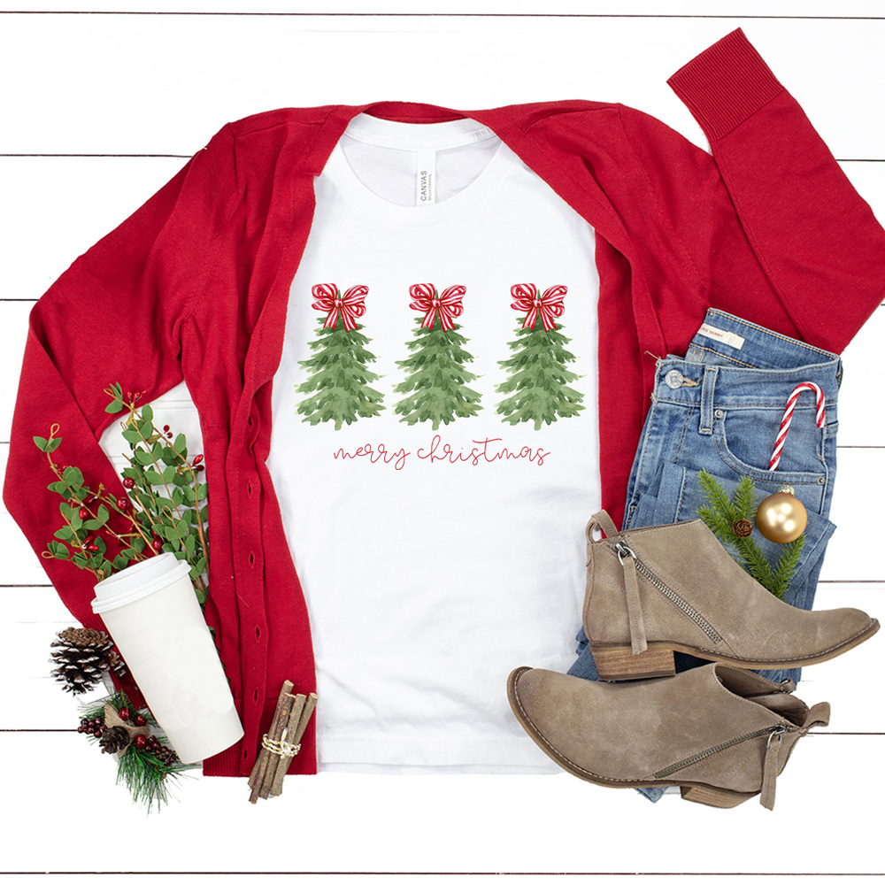 Peppermint Bow Trees Graphic Tee, Merry Christmas Shirt