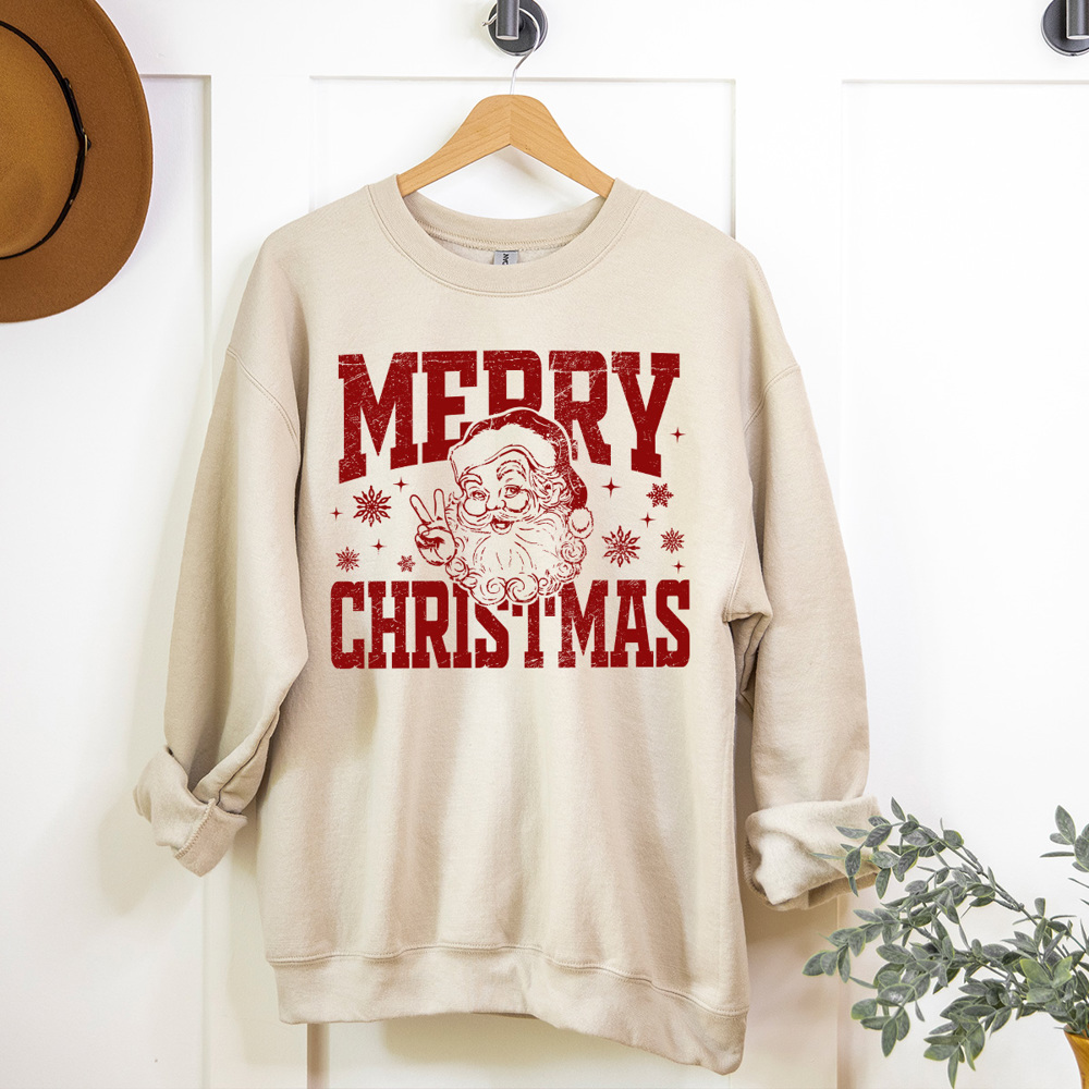 Merry Christmas Vintage Santa Fleece Sweatshirt, Peace Santa Pullover