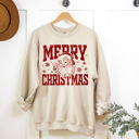 Large Sand Merry Christmas Vintage Santa Fleece Sweatshirt, Peace Santa Pullover