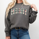 Large Charcaol Christmas Plaid Merry Fleece Sweatshirt, Plaid Christmas Pullover