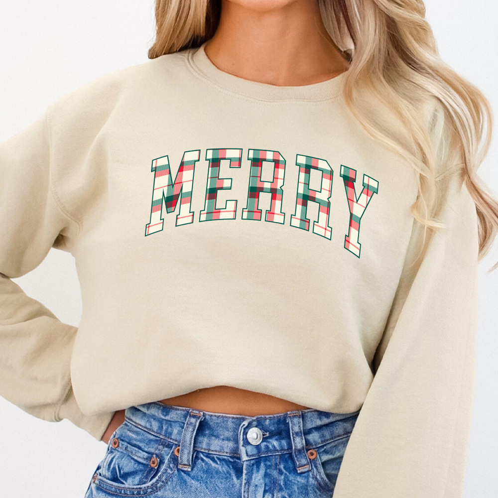 Christmas Plaid Merry Fleece Sweatshirt, Plaid Christmas Pullover