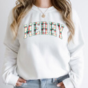 Large White Christmas Plaid Merry Fleece Sweatshirt, Plaid Christmas Pullover