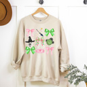  Pink And Green Witches Gird Fleece Sweatshirt, Pink And Green Bows Pullover 