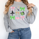 Large Athletic Heather Pink And Green Witches Gird Fleece Sweatshirt, Pink And Green Bows Pullover 