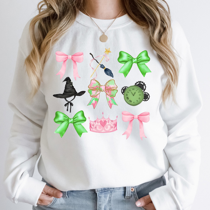 Pink And Green Witches Gird Fleece Sweatshirt, Pink And Green Bows Pullover 