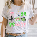  Pink And Green Witches Gird Graphic Tee, Pink And Green Bows Shirt