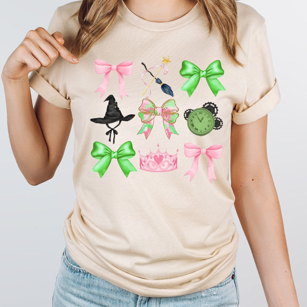 Pink And Green Witches Gird Graphic Tee, Pink And Green Bows Shirt