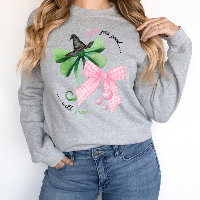 Pink Goes Good With Green Bows Fleece Sweatshirt, Pink And Green Witches Bows Pullover 