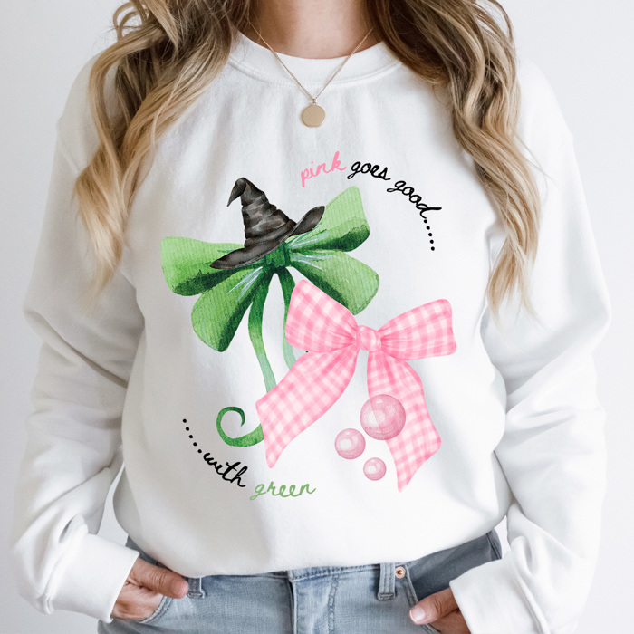 Pink Goes Good With Green Bows Fleece Sweatshirt, Pink And Green Witches Bows Pullover 