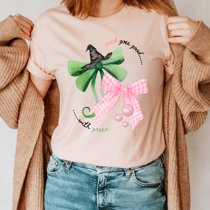 Pink Goes Good With Green Bows Graphic Tee, Pink And Green Witches Bows Shirt