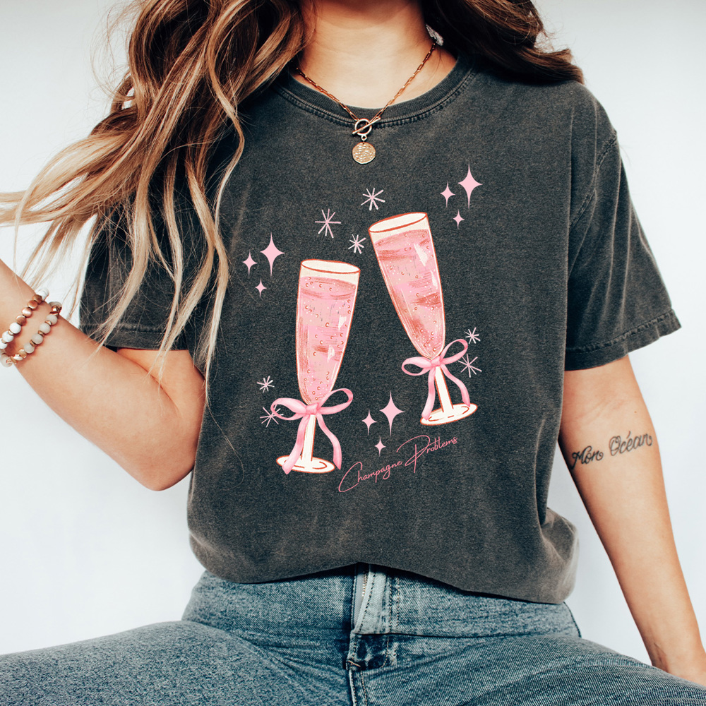 Pink Champagne Glasses Comfort Colors Tee, Sparkle Pink Bow Party Shirt, New Years