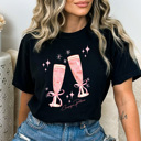 Large Black Pink Champagne Glasses Comfort Colors Tee, Sparkle Pink Bow Party Shirt, New Years