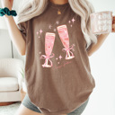 Large Espresso Pink Champagne Glasses Comfort Colors Tee, Sparkle Pink Bow Party Shirt, New Years