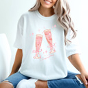 Large White Pink Champagne Glasses Comfort Colors Tee, Sparkle Pink Bow Party Shirt, New Years