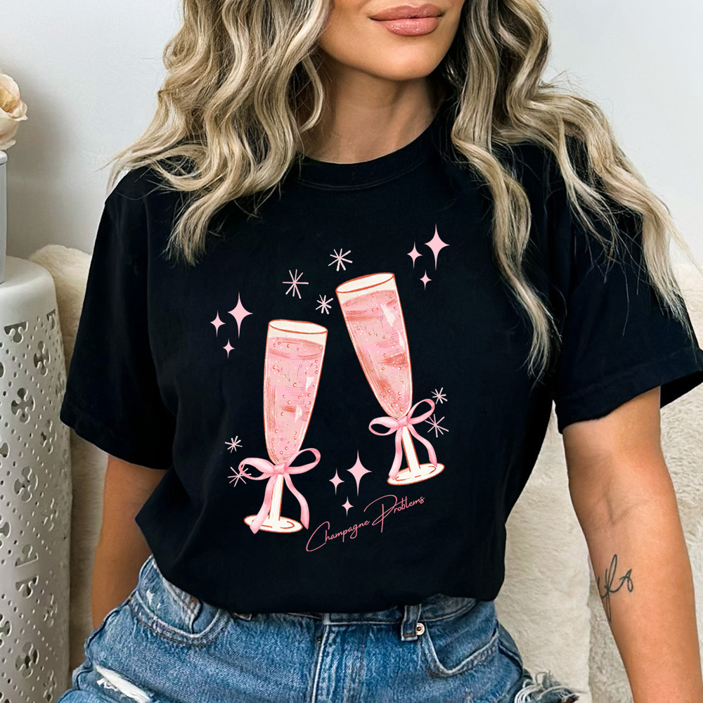 Pink Champagne Glasses Comfort Colors Tee, Sparkle Pink Bow Party Shirt, New Years