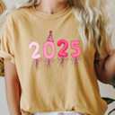 Large Mustard 2025 Pink Balloons Comfort Colors Tee, New Year Eve Party Shirt 