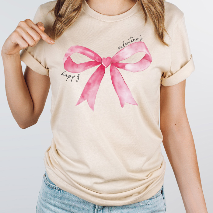 Happy Valentine's Pink Watercolor Bow Graphic Tee, Love Bow Shirt