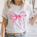 XXL Ash Gray Happy Valentine's Pink Watercolor Bow Graphic Tee, Love Bow Shirt