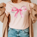 Large Peach Happy Valentine's Pink Watercolor Bow Graphic Tee, Love Bow Shirt