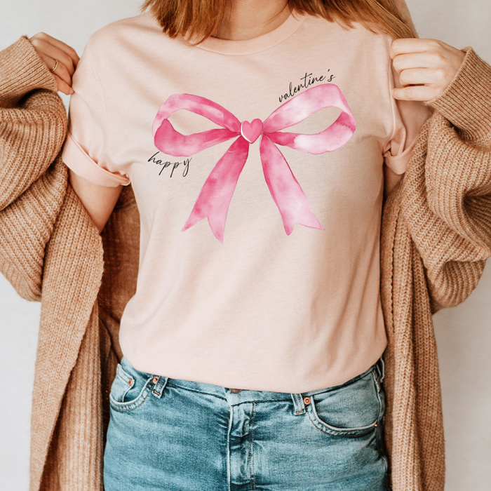 Happy Valentine's Pink Watercolor Bow Graphic Tee, Love Bow Shirt