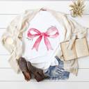 Large White Happy Valentine's Pink Watercolor Bow Graphic Tee, Love Bow Shirt