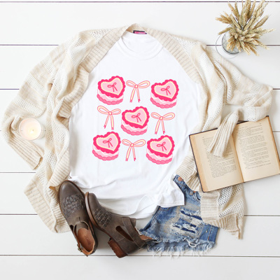 Coquette Pink Bow And Cake Graphic Tee, Girl Bow Shirt