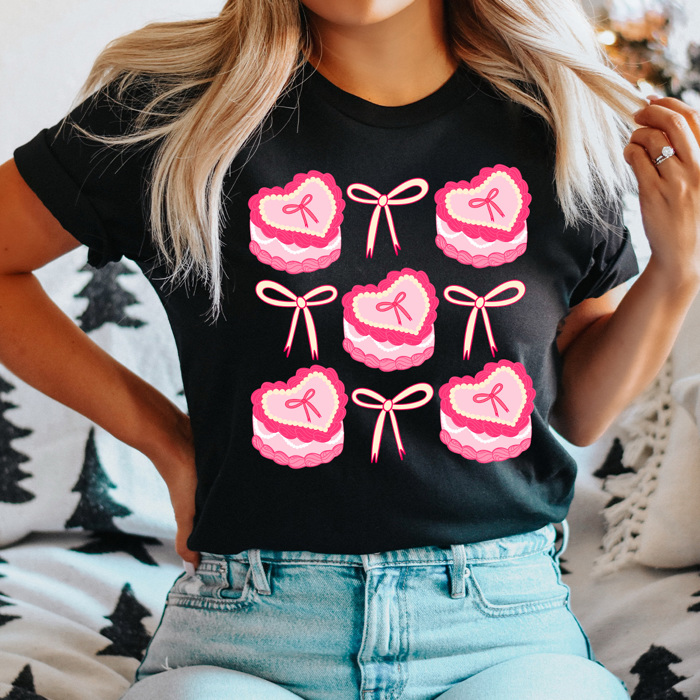 Coquette Pink Bow And Cake Graphic Tee, Girl Bow Shirt