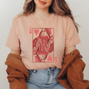 XXL Peach Queen Of Hearts Card Graphic Tee, Heart Playing Card Shirt