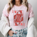 XXL Pink Queen Of Hearts Card Graphic Tee, Heart Playing Card Shirt