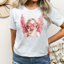 Large Ash Gray Bubble Blowing Cupid Valentines Graphic Tee, Pink Heart Galantine's Day Shirt