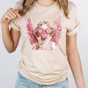 Large Cream Bubble Blowing Cupid Valentines Graphic Tee, Pink Heart Galantine's Day Shirt