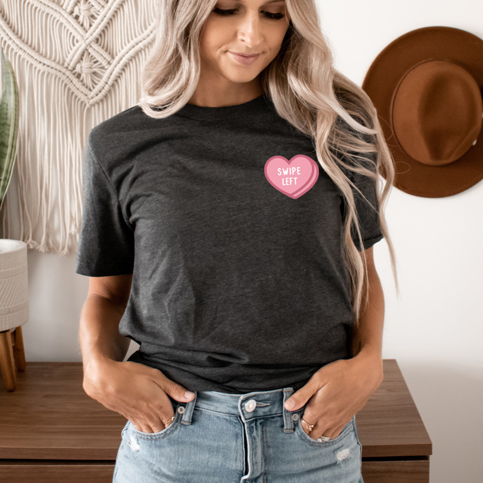 Swipe Left Candy Heart Graphic Tee, Galantines Day Shirt