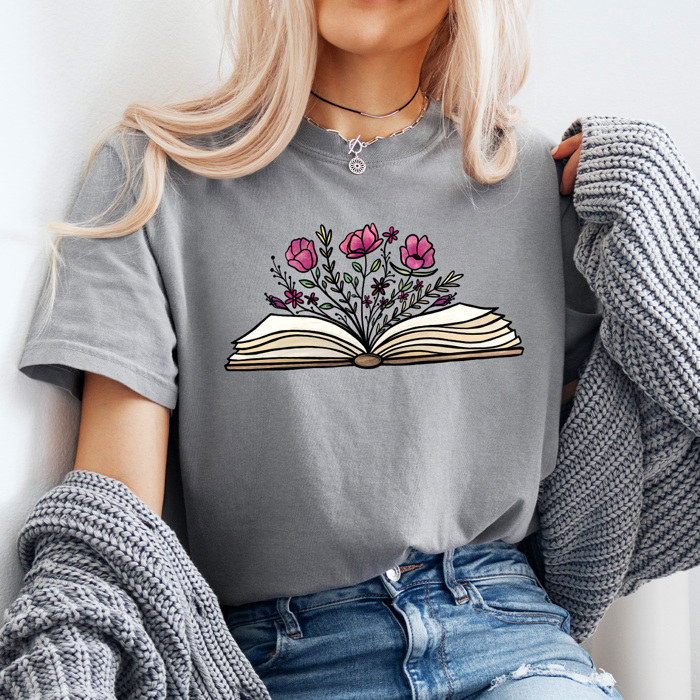 Floral Blooming Book Comfort Colors Tee, Book Lovers Tee, Reading Shirt 